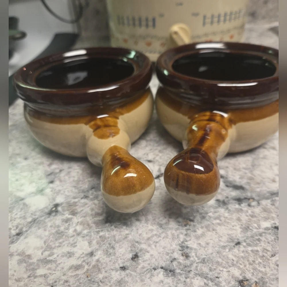 Two Stoneware Ceramic Soup Bowls With Handles And Lids - Vintage